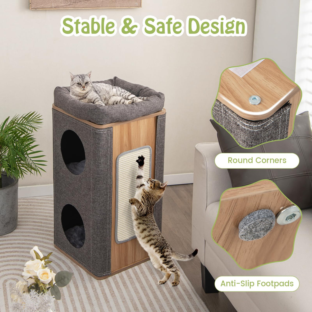 Tangkula 3-Story Cat Tree Condo, Wooden Cat House with Scratching Board, 2 Hideaways & Removable Soft Top Plush Bed, Modern Barrel-Shaped Cat Tower Furniture for Indoor Cats (Grey) Tangkula