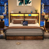 SADENICEL King Bed Frame with Storage Headboard and 4 Drawers, Metal Platform Bed Frame with LED Light, Charging Station, No Box Spring Needed, Noise Free, Easy Assembly, Vintage Brown SADENICEL