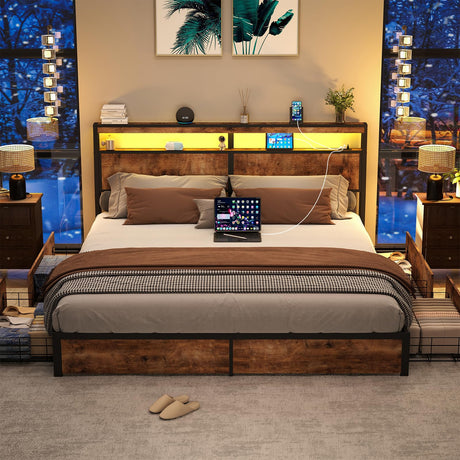 SADENICEL King Bed Frame with Storage Headboard and 4 Drawers, Metal Platform Bed Frame with LED Light, Charging Station, No Box Spring Needed, Noise Free, Easy Assembly, Vintage Brown SADENICEL