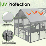 Lovinouse Large Wooden Outdoor Cat House, 57.2ft² Cat Run Enclosure Walk in Catio Kitten Condo with 2 Doors, 2 Playpen & Hiding Houses, Bridges, Walks, Roof Cover, Gray Lovinouse