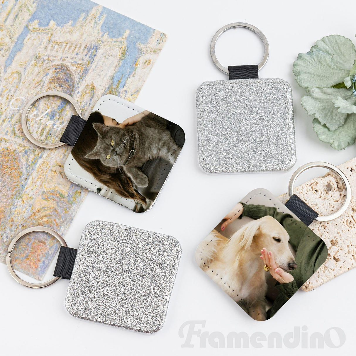 Framendino, 16 Pack Sublimation Blank Keychain Glitter PU Leather Square Rectangle Heat Transfer Key Fob Key Chain for DIY Craft Making Silver Framendino