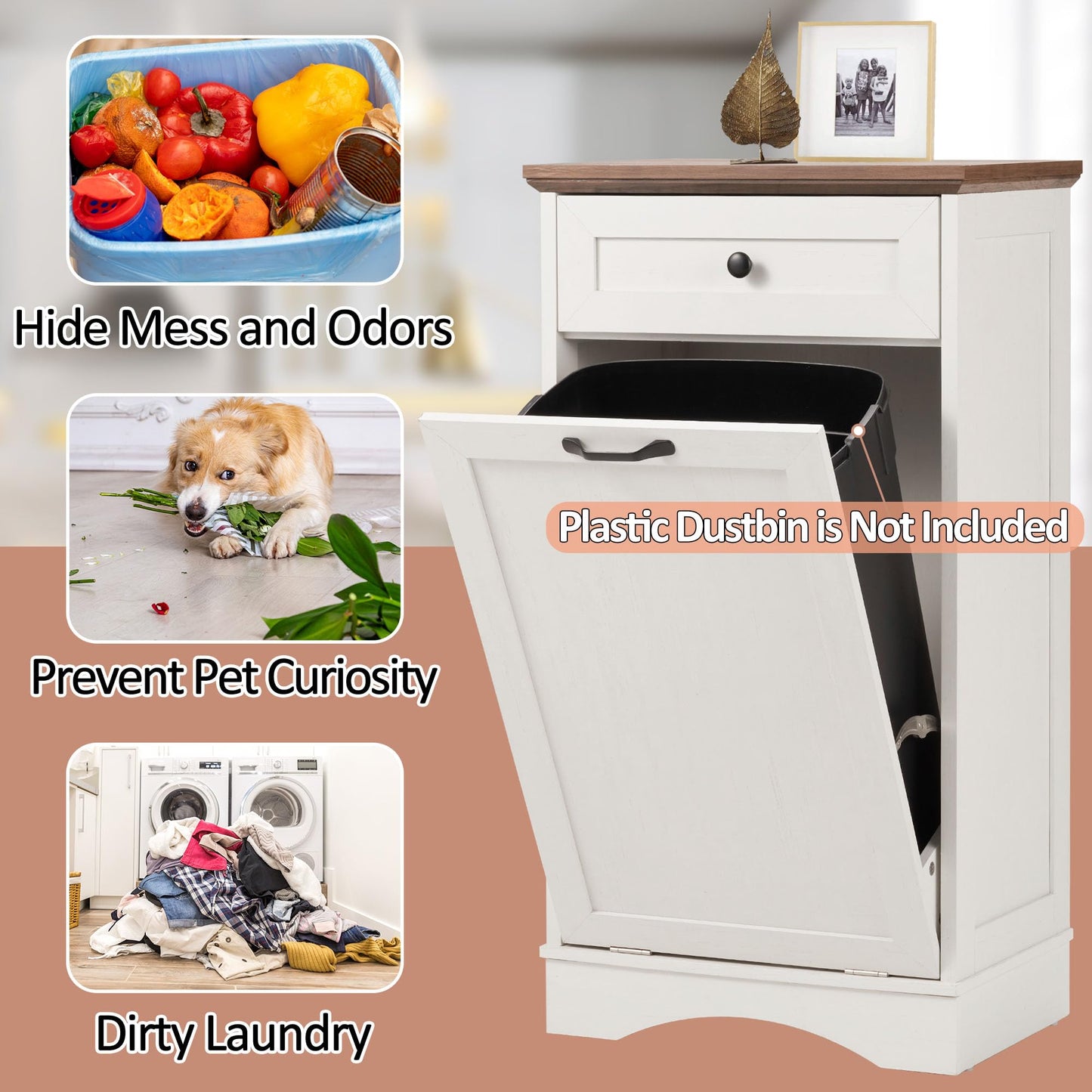 AHB 13 Gallon Tilt Out Trash Cabinet Free Standing Kitchen Trash Cabinet Recycling Hideaway Garbage Can Holder with Drawer for Kitchen Living Room, White