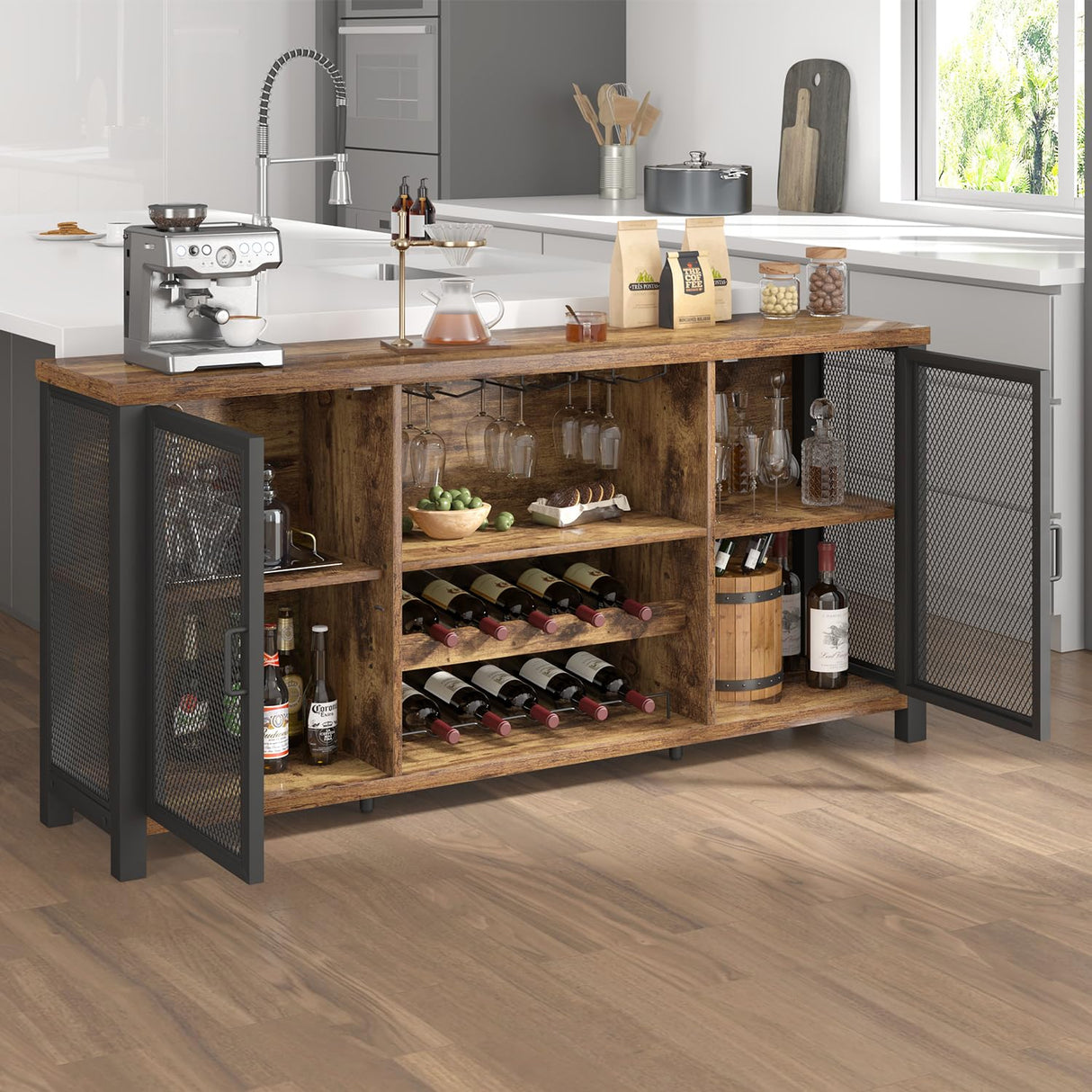 Launica Industrial Coffee Bar Cabinet, Wine Bar Cabinet for Liquor and Glasses, Liquor Cabinet with wine Rack Storage, Wood Metal Sideboard Buffet Cabinet for Home Kitchen Dining, Rustic Brown 55 Inch Launica