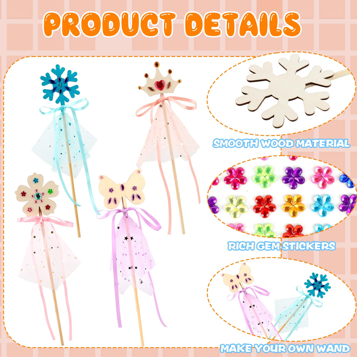 67 Pcs Make Your Own Princess Wand Kit Include 20 Pcs Wooden DIY Fairy Wand 20 Pcs Ribbons and 20 Mesh with 7 Pcs Gem Stickers for Kids Halloween Cosplay Accessories DIY Art Craft Making Plukeen
