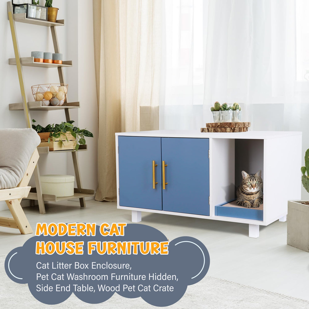 ZENY Pet Cat Litter Box Enclosure, Modern Cat House Furniture, Cat Washroom Furniture Hidden, Side End Table, Wood Pet Cat Crate with Scratch Pad, White ZENY