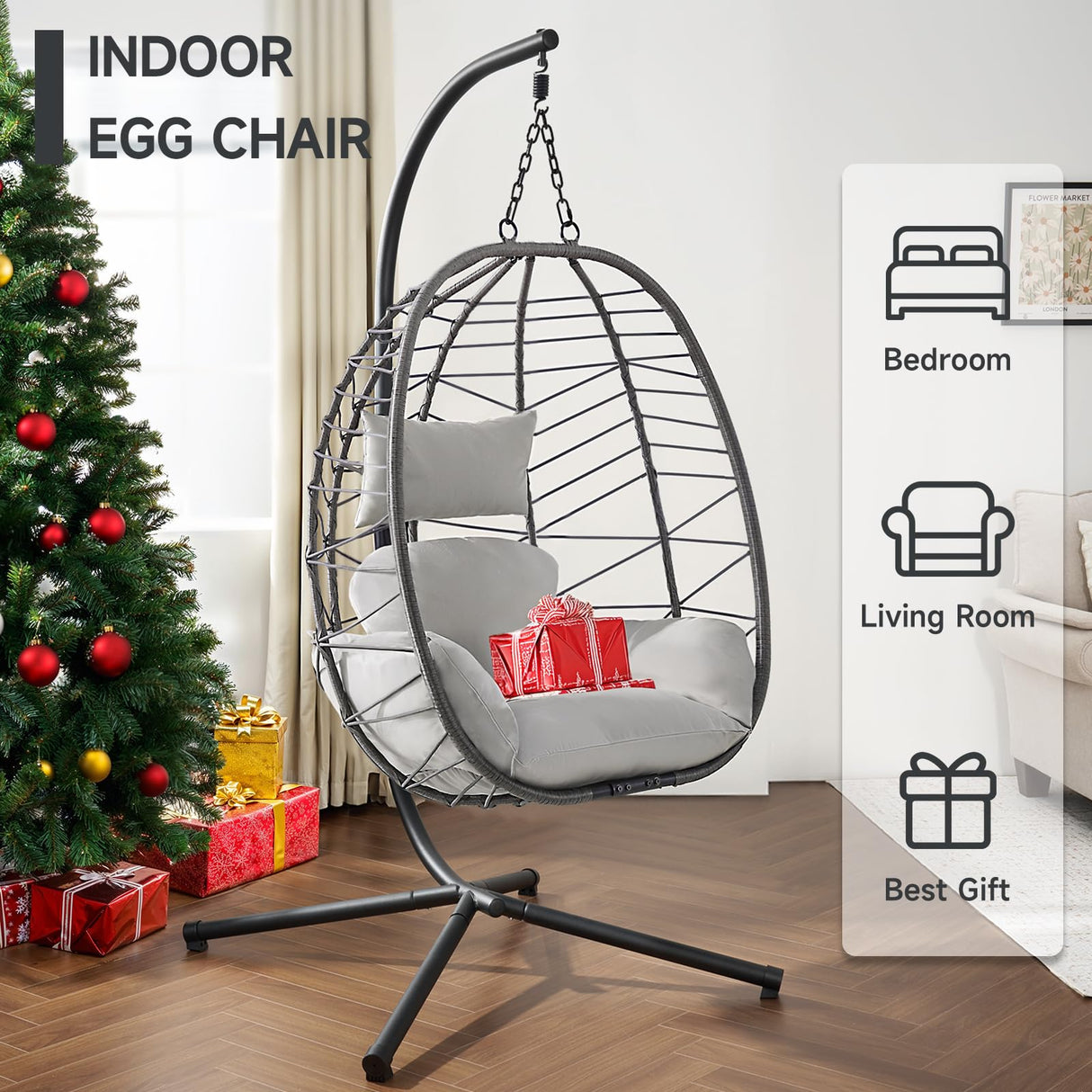 ONBRILL Hanging Egg Chair with Stand, Outdoor Indoor Egg Swing Chair with Cushion Headrest, Rattan Wicker Egg Chair with Dual Chains, 350LBS Capacity for Patio, Porch, Balcony, Bedroom (Light Gray) ONBRILL