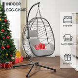 ONBRILL Hanging Egg Chair with Stand, Outdoor Indoor Egg Swing Chair with Cushion Headrest, Rattan Wicker Egg Chair with Dual Chains, 350LBS Capacity for Patio, Porch, Balcony, Bedroom (Light Gray) ONBRILL