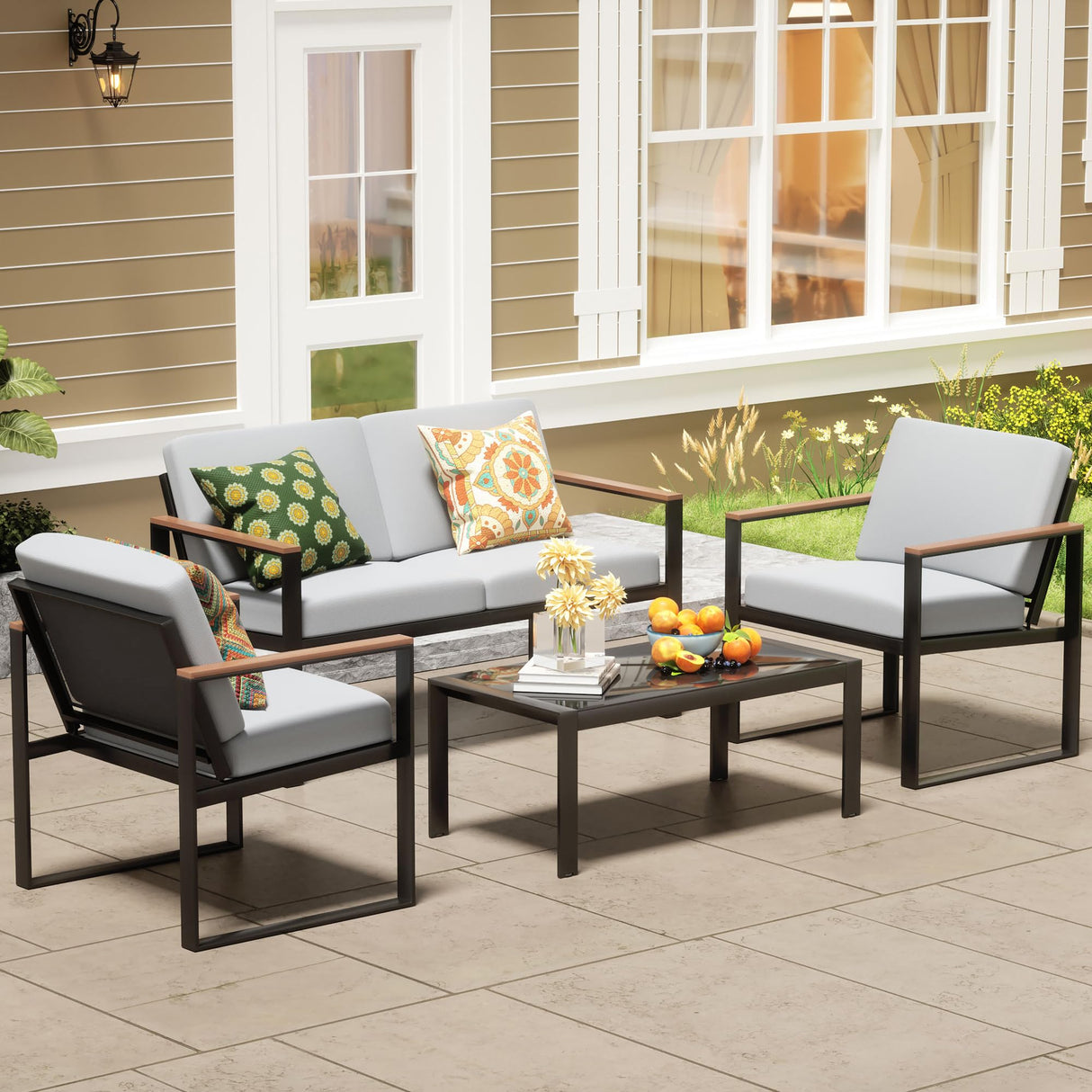 NATURAL EXPRESSIONS 4 Pieces Patio Furniture Sets,Outdoor Metal Sectional Furniture Modern Patio Conversation Set,Fuaxwood Anti-Scald Armrest,Sling Mesh,Tempered-Glass Table,4" Olefin Cushions NATURAL EXPRESSIONS