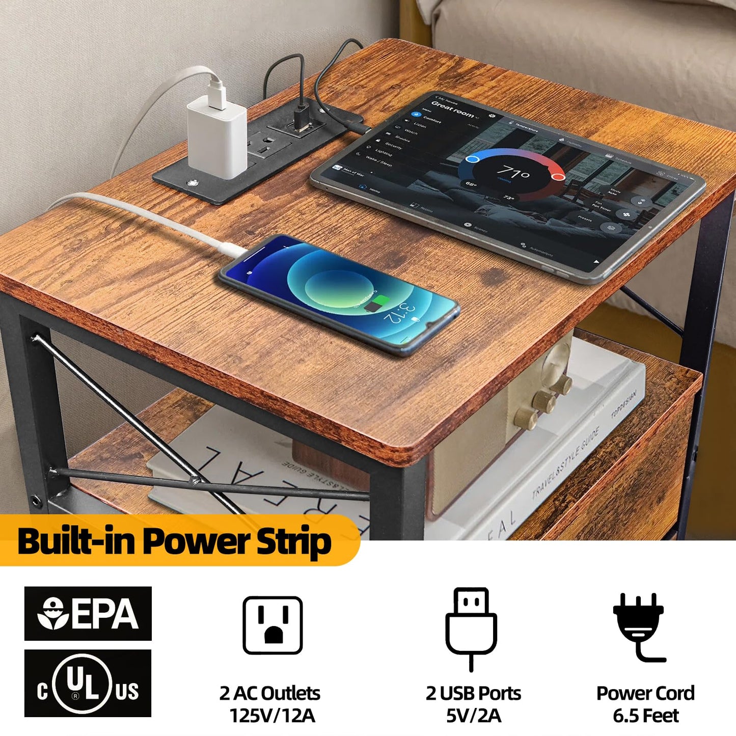 3 Drawer Wood and Metal Nightstand with LED Lights - 16"W×12"D×24"H Small Wood End Table with Charging Station, 20 Colors LED Bedside Table with Open Shelf, 3 Fabric Drawers with Wooden Front Panel