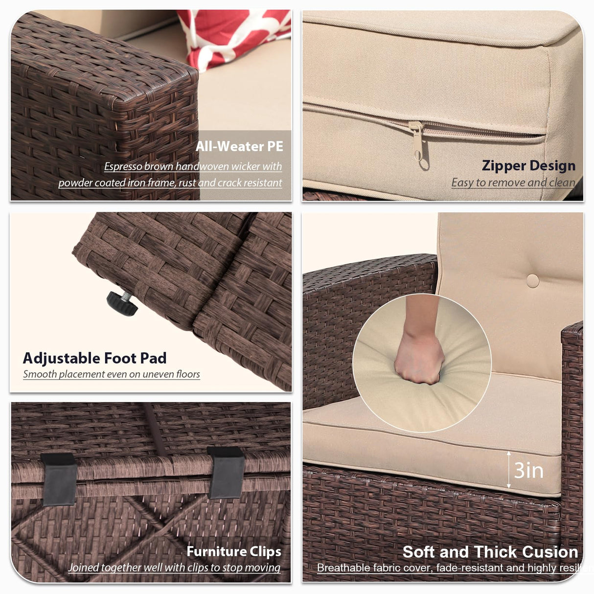 JOIVI 8 Pieces Patio Conversation Sets, All Weather Outdoor Sectional Patio Sofa, U-Shaped PE Wicker Patio Furniture Sets with Storage Box, Coffee Table, 3 Pillows, for Garden, Porch, Brown JOIVI