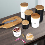 Yangbaga Black Canisters Sets for Kitchen-Set of 3 Coffee Canisters for Countertop with Airtight Wood Lids/Spoons/Stickers, Ceramic Food Storage Containers for Large Suger,Coffee,Tea (42/30/9OZ) Yangbaga
