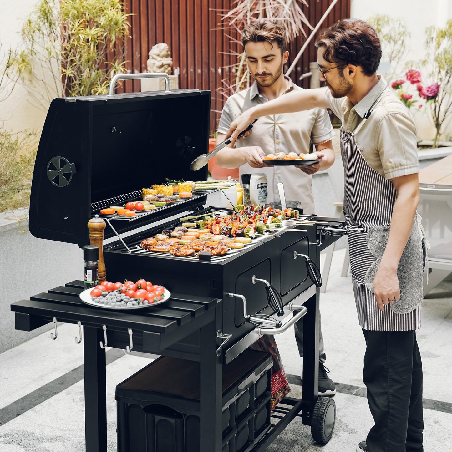 Onlyfire Extra Large BBQ Charcoal Grill with Large Cooking Grate and Warming Rack, Outdoor Barbecue Grill with Dual-Zone Adjustable Charcoal Tray and 2 Foldable Side Table, Black GS339-A