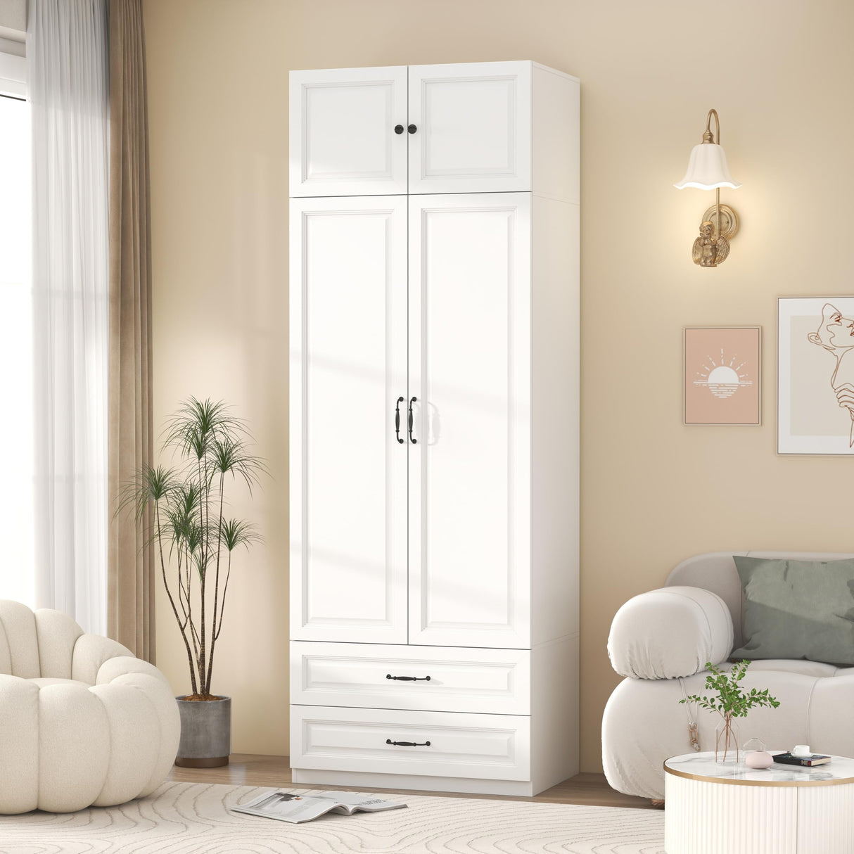 Mhsatyrs Armoire Wardrobe Closet with 2 Drawers: 88" White Bedroom Closet, Wood Wardrobe Closets with 2 Doors, Tall Armoire Cabinet and Storage Shelves for Clothing (31") Mhsatyrs