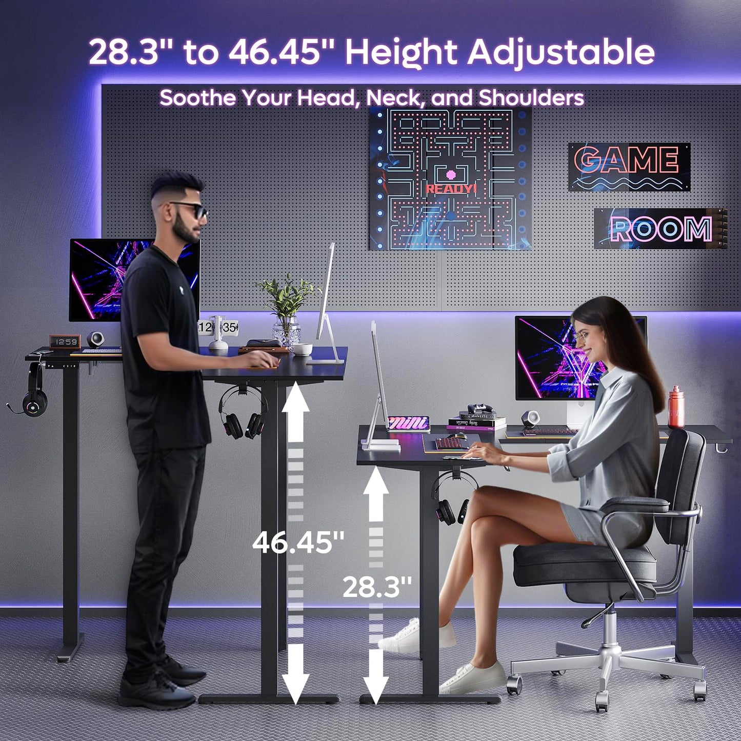 Bestier L-Shaped Standing Desk Adjustable Height, 63 x 55 inch Large Corner Stand Up Desk, Dual Motor Sit Stand Raising Gaming Desk Computer Workstation with 2 Headphone Hooks, Black 3D Carbo - WoodArtSupply