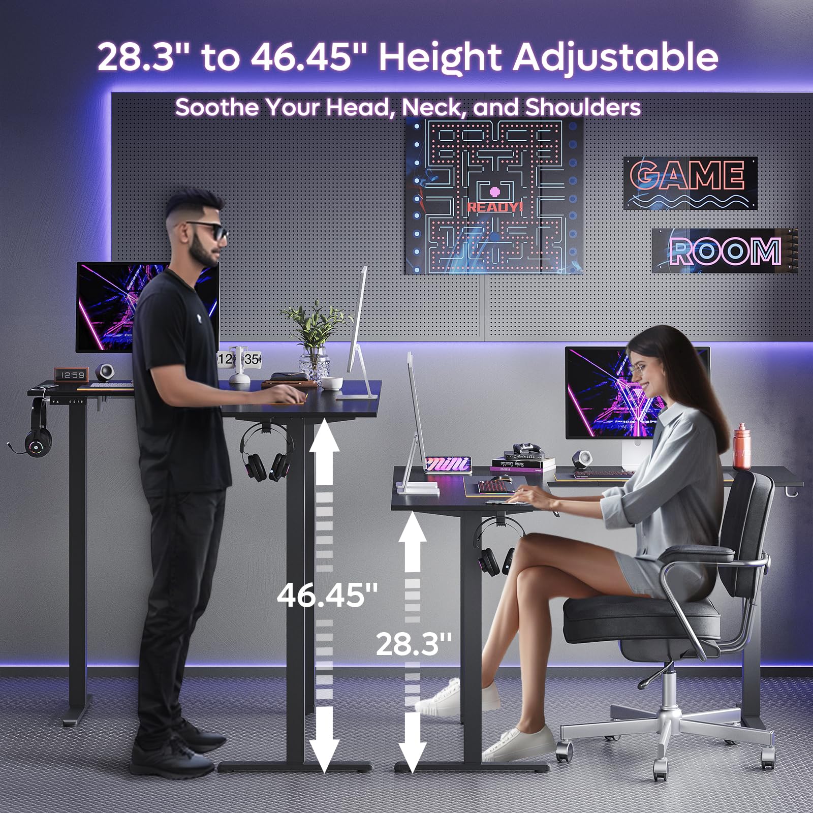 Bestier L-Shaped Standing Desk Adjustable Height, 63 x 55 inch Large Corner Stand Up Desk, Dual Motor Sit Stand Raising Gaming Desk Computer Workstation with 2 Headphone Hooks, Black 3D Carbo - WoodArtSupply