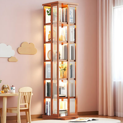 idhhco 6 Tier Rotating Bookshelf, 360° Spinning Book Shelf Tower, Bamboo, Bookshelf Floor Standing Storage Rack, Narrow Book Storage Shelf for Kids&Adults, Living Room, Bedroom, Study, Balck, Brown