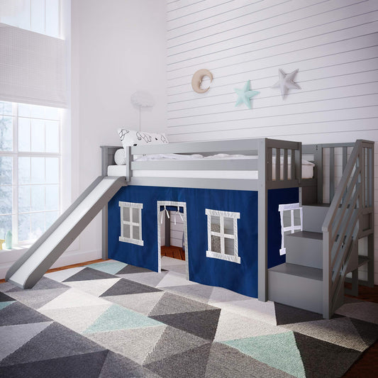 Max & Lily Twin Low Loft Bed with Stairs and Slide in Grey/Blue with Fun Curtains - WoodArtSupply