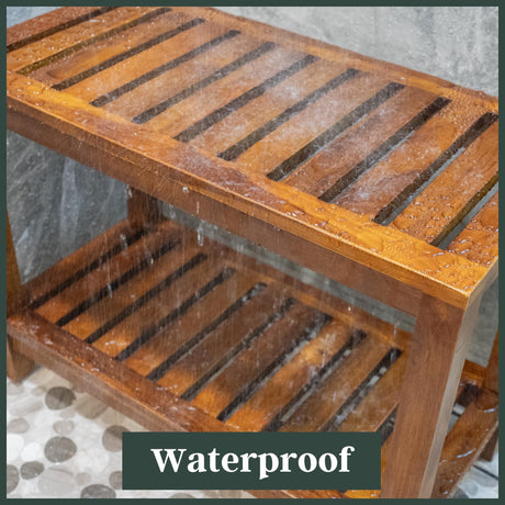 Teak Shower Bench - with Shelf, 25 Inch, Wooden Seat Stool for Bathroom, Spa, Garden, Fully Assembled, The Akar 25 The Teaky Hut