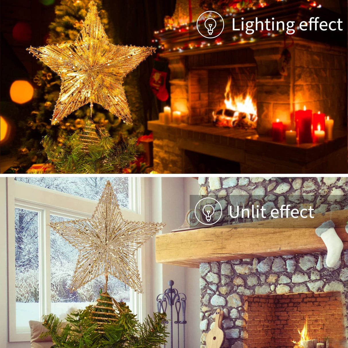 Christmas Star Tree Topper, Plug in 3D Star Tree Topper, 11”Golden Glittered Metal Hollow Designed Built-in 10 Bulbs String Lights for Christmas Tree Decorations Brightown