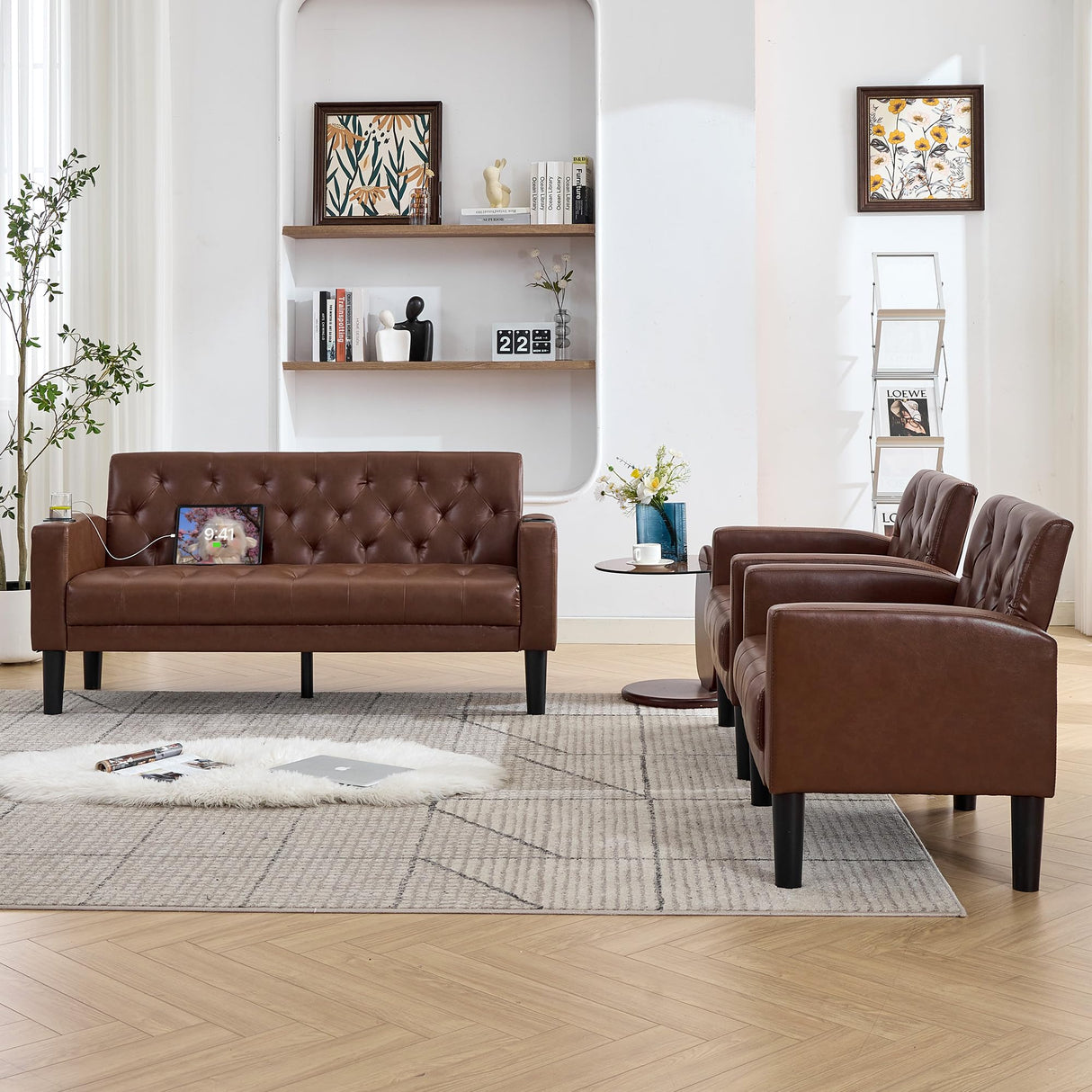 TYBOATLE 62" W Leather Loveseat w/Chairs, 3 Piece Sofa Sets for Living Room w/ 2 USB Charger Ports and 2 Cupholders, Living Room Furniture Sets of 3 (3, Brown) TYBOATLE