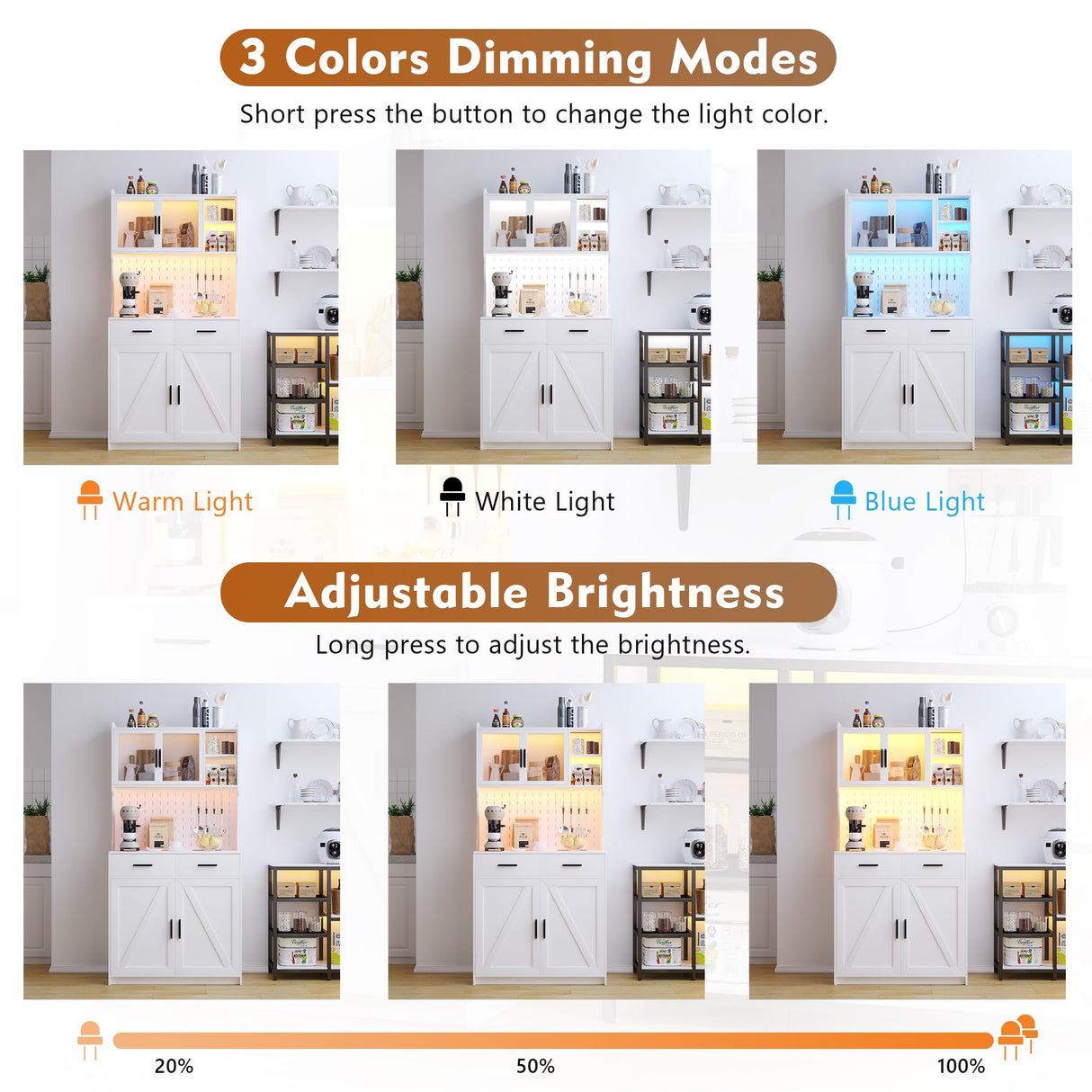 JDPAG LED Kitchen Pantry Cabinet with Outlets, Farmhouse Storage Cabinet with Drawers & Adjustable Shelves, Cupboard with Pegboard and Hooks for Dining Room (White), Large JDPAG