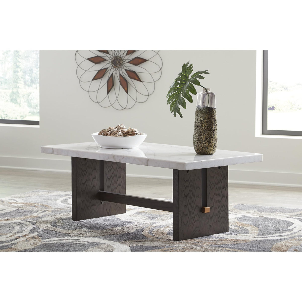 Signature Design by Ashley Burkhaus Traditional Rectangular Coffee Table with Marble Tabletop, Dark Brown & White Signature Design by Ashley