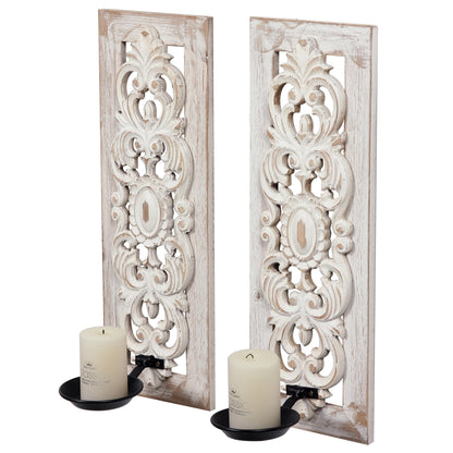 SOFE Openwork Carving Wall Candle Sconces Set of Two, Distressed Finish Wood Candle Holder Wall Decor Living Room, Rustic Farmhouse Candle Wall Sconces, Bedroom Hallway Wall Art Decoration - WoodArtSupply