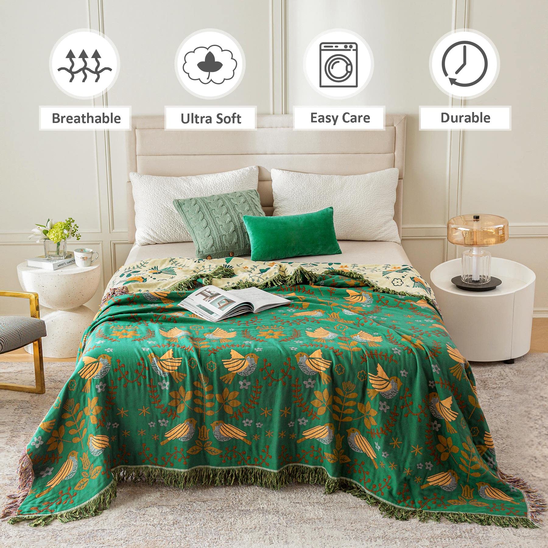 Boho Throw Blanket for Bed - 100% Cotton Ultra Soft Rustic Quilt Summer Blanket - Bird Floral Printed Farmhouse Decor Bed Blankets,60"×80" All Season Rustic Throw for Sofa Couch Chair - WoodArtSupply