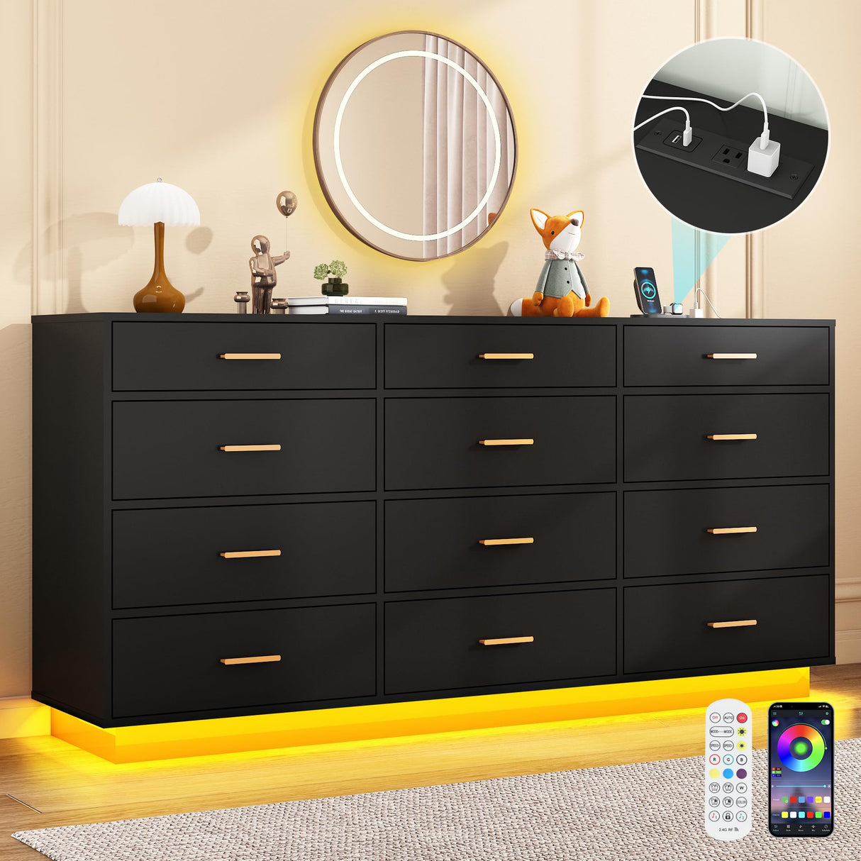 chartustriable Black 12 Drawers Dresser w/Power Outlet,60000-Colors Lights,63In Long Dresser Chest for Bedroom,Wooden Tall Large Capacity Clothing Storage Cabinet for Living Room,Entryway,Hallway chartustriable