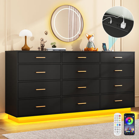 chartustriable Black 12 Drawers Dresser w/Power Outlet,60000-Colors Lights,63In Long Dresser Chest for Bedroom,Wooden Tall Large Capacity Clothing Storage Cabinet for Living Room,Entryway,Hallway chartustriable