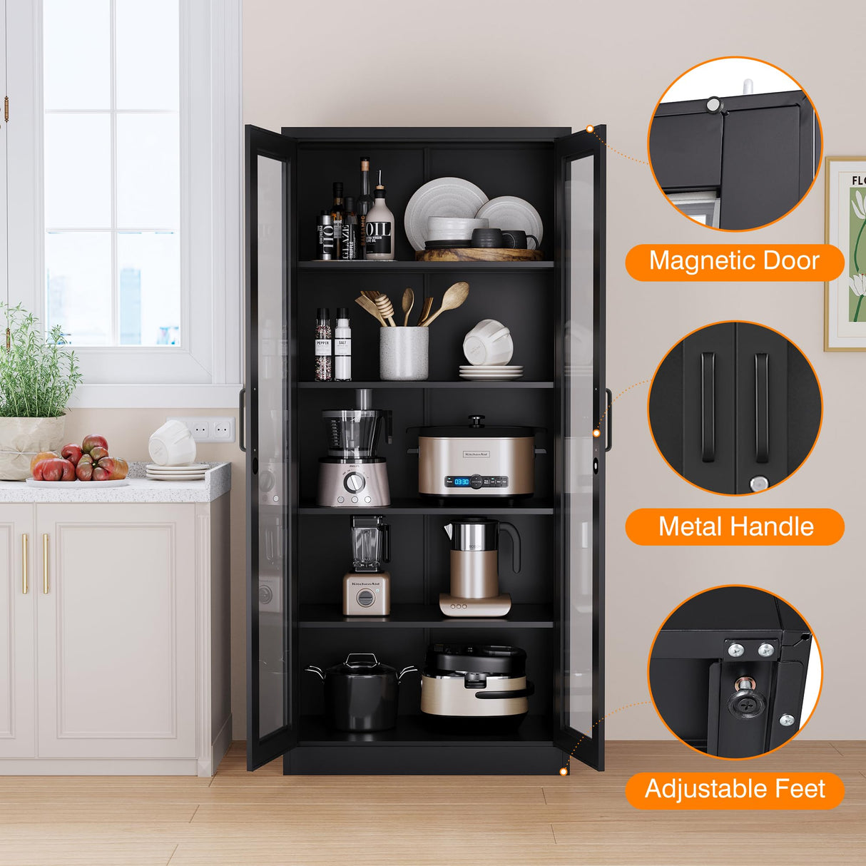 LISSIMO Glass Display Cabinet with 4 Adjustable Shelves, 71" Tall Curio Cabine with Tempered Glass Door, Liquor Cabinet with Lock, 5-Tier Bookcase Storage Cabinet for Home, Study, Living Room (Black) LISSIMO