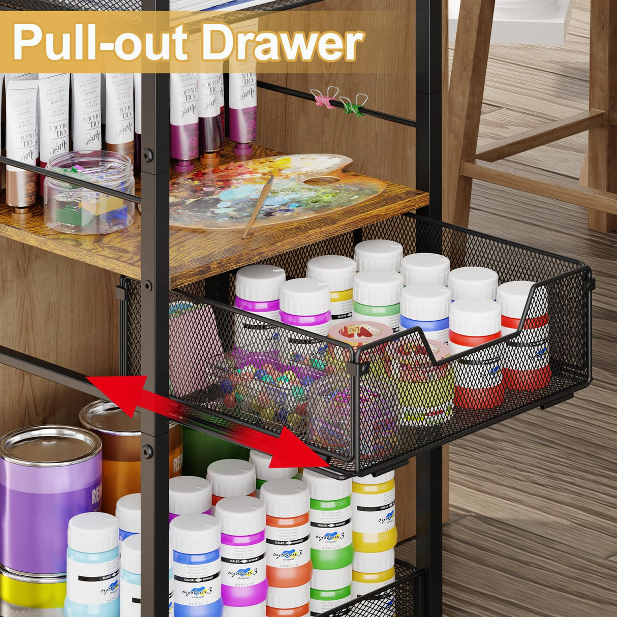 5-Tier Metal Rolling Utility Cart with Drawer, Craft Storage Cart with DIY Divider and Lockable Wheel, Versatile Paint Brush Holder & Paint Organizer & Craft Organizers and Storage for Drawing Room Simple Serenity