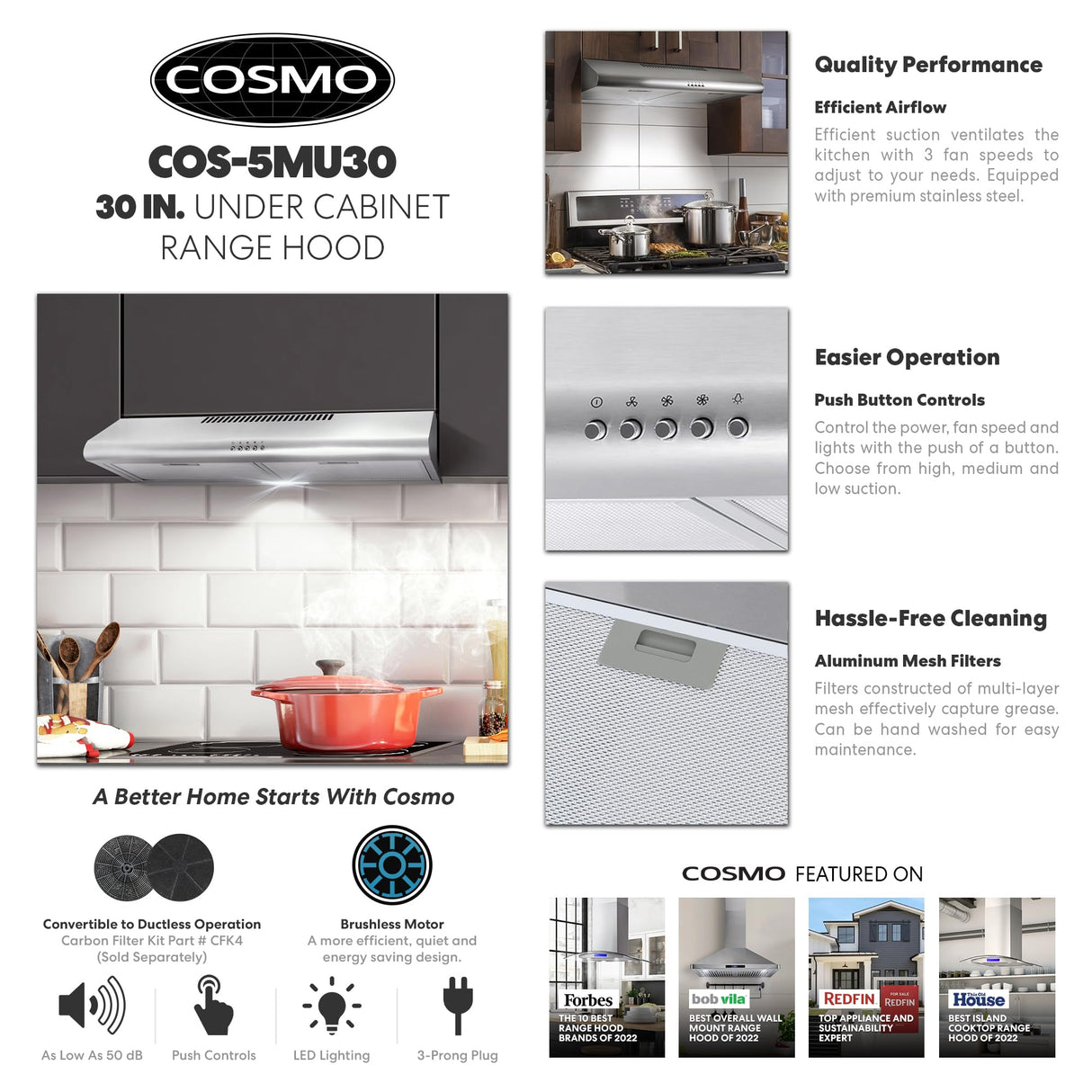 COSMO COS-5MU30 30 in. Delta Collection Ducted Under Cabinet Range Hood, Button Controls, Reusable Filters, LED Lights, Stainless Steel COSMO