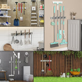 Holikme Mop Broom Holder Wall Mount Metal Pantry Organization and Storage Garden Kitchen Tool Organizer Wall Hanger for Home Goods (4 Positions with 4 Hooks, Silver) Holikme