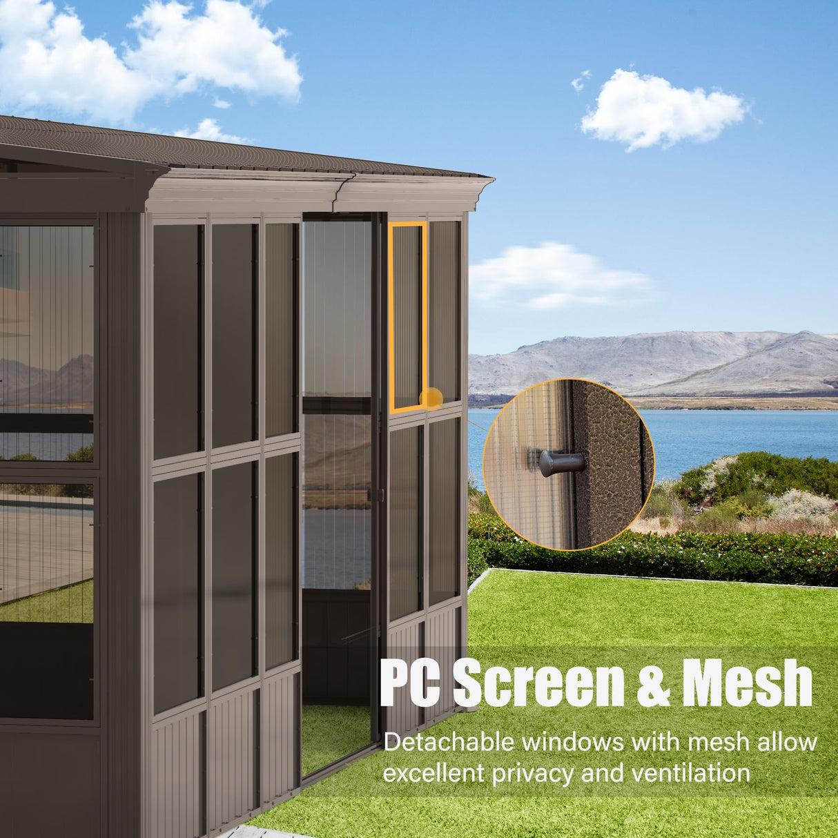 Domi 12x16FT Wall Mounted Sunroom,Solarium Aluminum Enclosed Gazebo with Hard Walls,Front Door&Side Entrance,Galvanized Steel Sloping Roof&Detachable PC Screen,Lean to Gazebo Sun Room for Patio Deck domi outdoor living