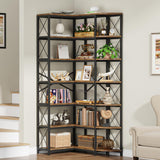 Condemo 7-Shelf Reversible Corner Bookshelf, Modern Industrial Tall Bookcase, 7-Tier Large L-Shaped Storage Shelf Display Rack with Metal Frame for Living Room, Home Office, Bedroom, Rustic Brown Condemo