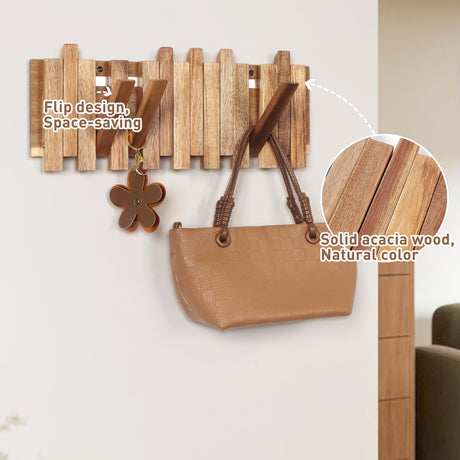 KYIAANY Wall Coat Rack for Entryway: Rustic Wooden Folding 8 Hooks Mount 16.5inch Decorative Piano Hanger for Farmhouse Hallway Bathroom for Towel Backpack Jacket (Staggered Style) KYIAANY