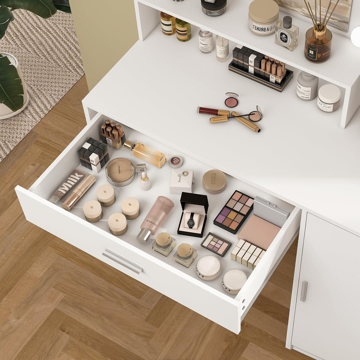 Quimoo Makeup Vanity Desk with Mirror and Lights, Vanity Desk with Large Drawer & Shelves & Cabinet, 3 Color Modes & Adjustable Brightness, Dressing Table Set for Bedroom,White Quimoo