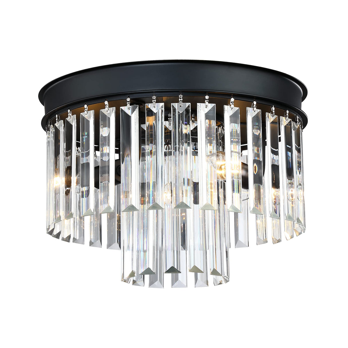 Crystal Flush Mount Ceiling Light Black Finish,2-Tier Crystal Close to Ceiling Light Fixture for Living Room Bedroom Dinning Room Hallway MEXO