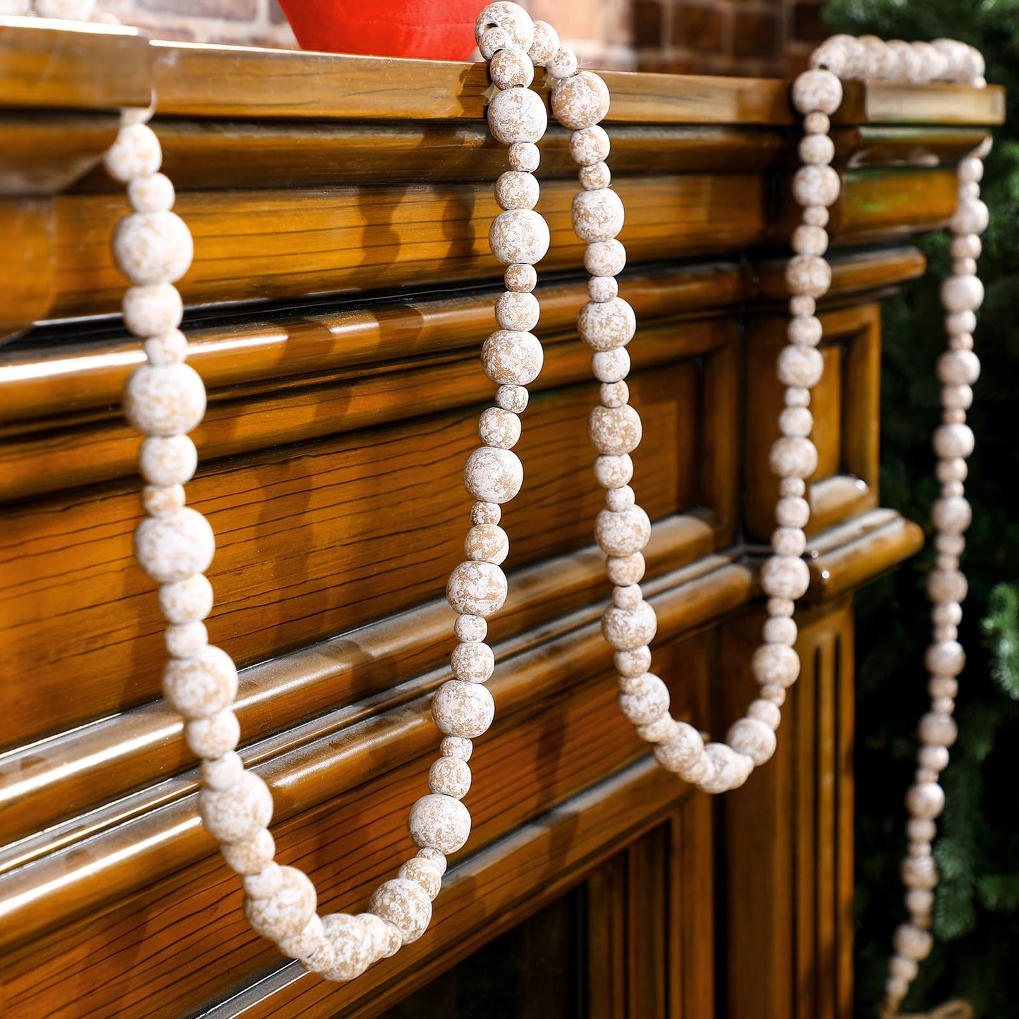 Ceenna 2 Pcs 18 Feet Christmas Wooden Beads Xmas Round Beads Garland Craft Bead Garland Farmhouse Wooden Beads for Christmas Decoration Supplies(White Frost)