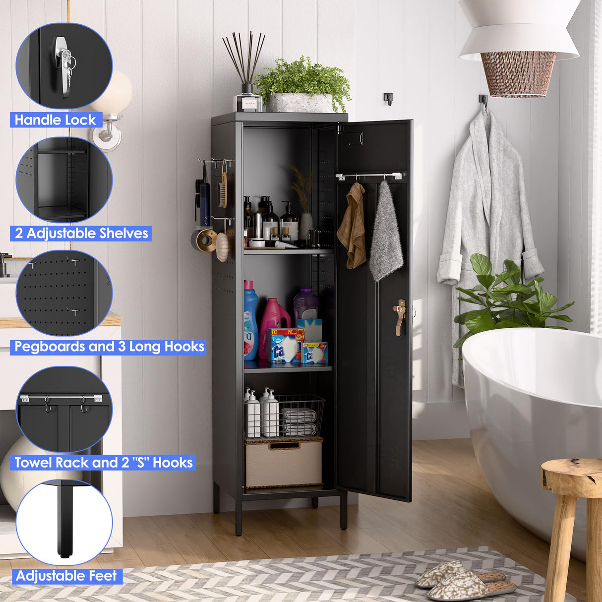 SUXXAN 54" H Metal Storage Locker, Metal Cabinet with Lockable Door & Towel Rack & 2 Side Pegboards with Hooks for Home School Office Gym Bedroom, Assembly Required(Black) SUXXAN