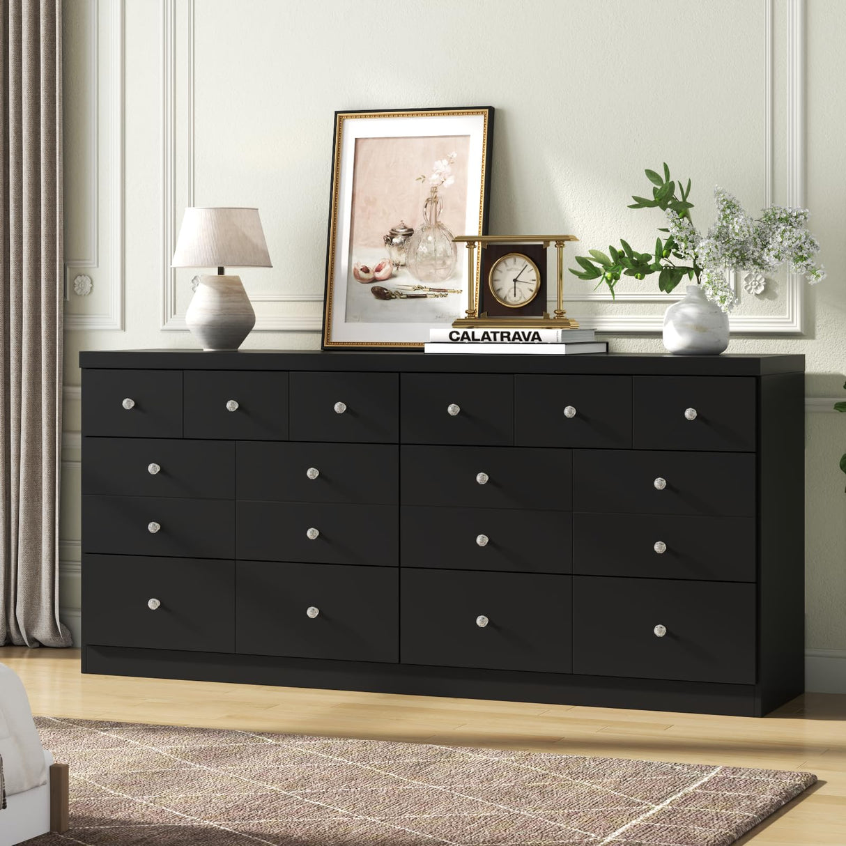 63'' Long Dresser for Bedroom, Double Wide Dresser 6 Drawer Dresser with 14 Organized Compartments, Modern Black Wood Dresser 6 Drawer with Glass Handles, Extra Large Chest of Drawers for Bedroom Gyfimoie