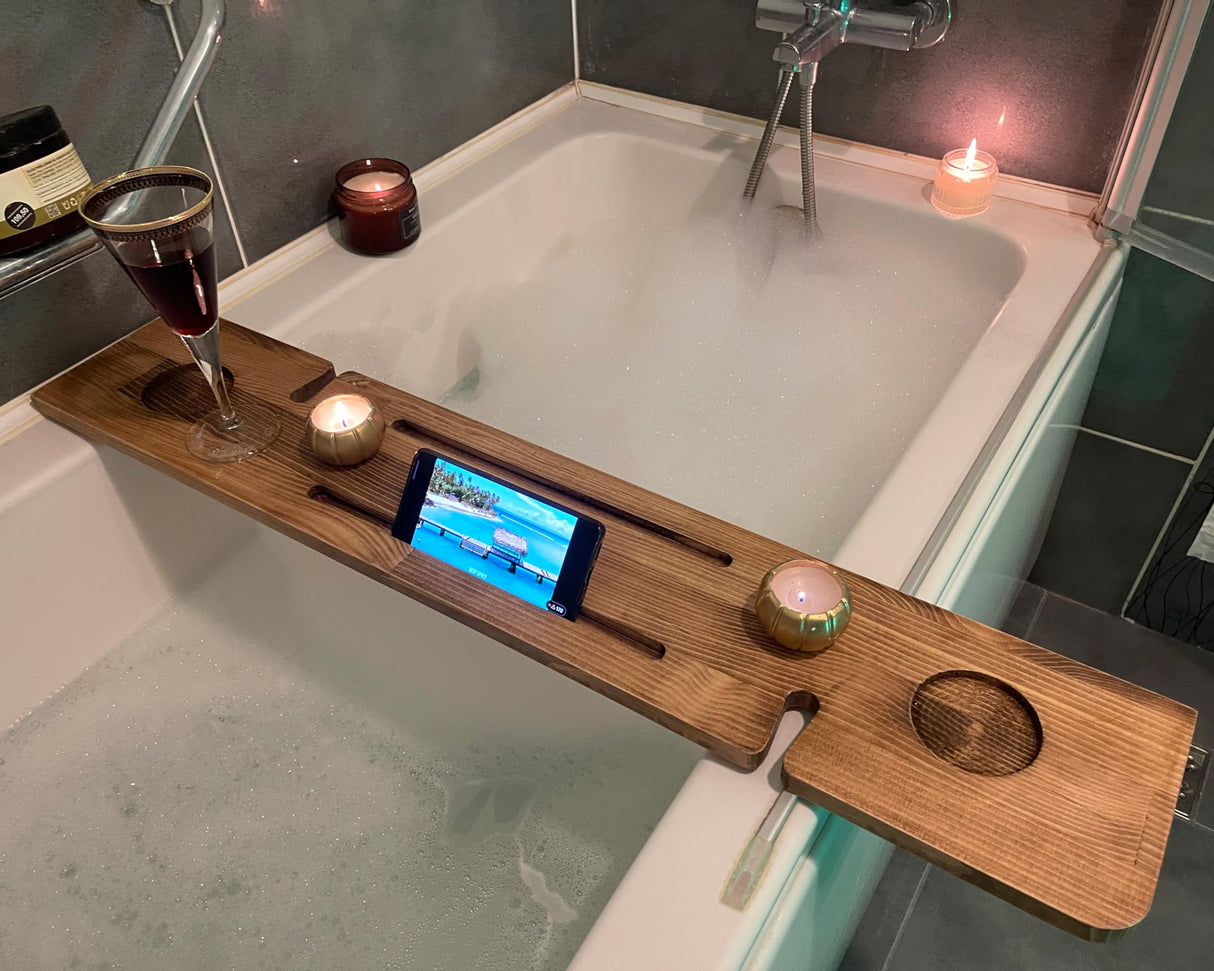 Handmade Wooden Bathtub Tray - 3 Different Size Options - Rustic Structure - Water Insulator - Bath Tray Caddy with Wine Glass Holder (36", BLACK BROWN) WOODCHES