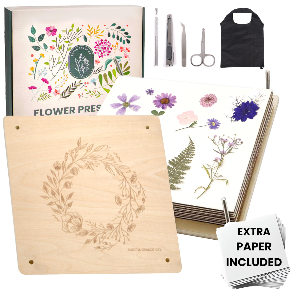 Extra Large Flower Press Kit | 11"x11" 10 Layers Wooden Pressing Boards, Tools & Bag | Crafting Kits for Adults & Kids | DIY Pressed Flower Plant Preservation Kit | Bouquet Preservation | Great Gift Greta Grace Co.