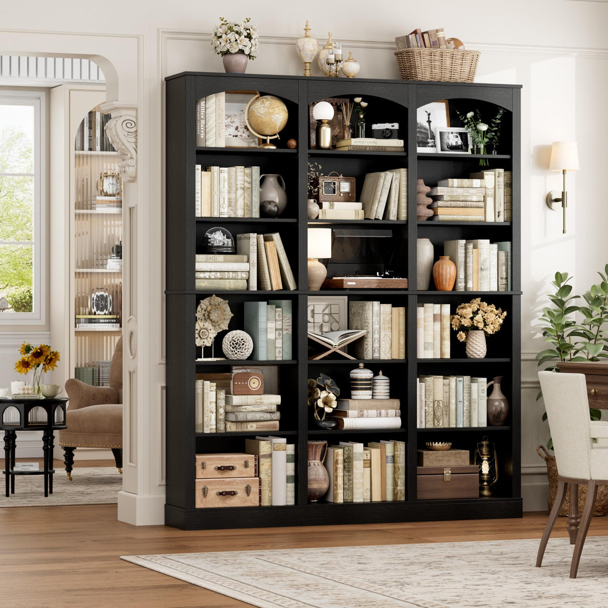 FACBOTALL 71" Triple Wide Bookshelf, 6 Tier Tall Bookshelf, Large Book Shelf with Curved Baffle, 63.4" Wide Bookcase with 18 Open Display Shelves for Living Room, Study, Black FACBOTALL