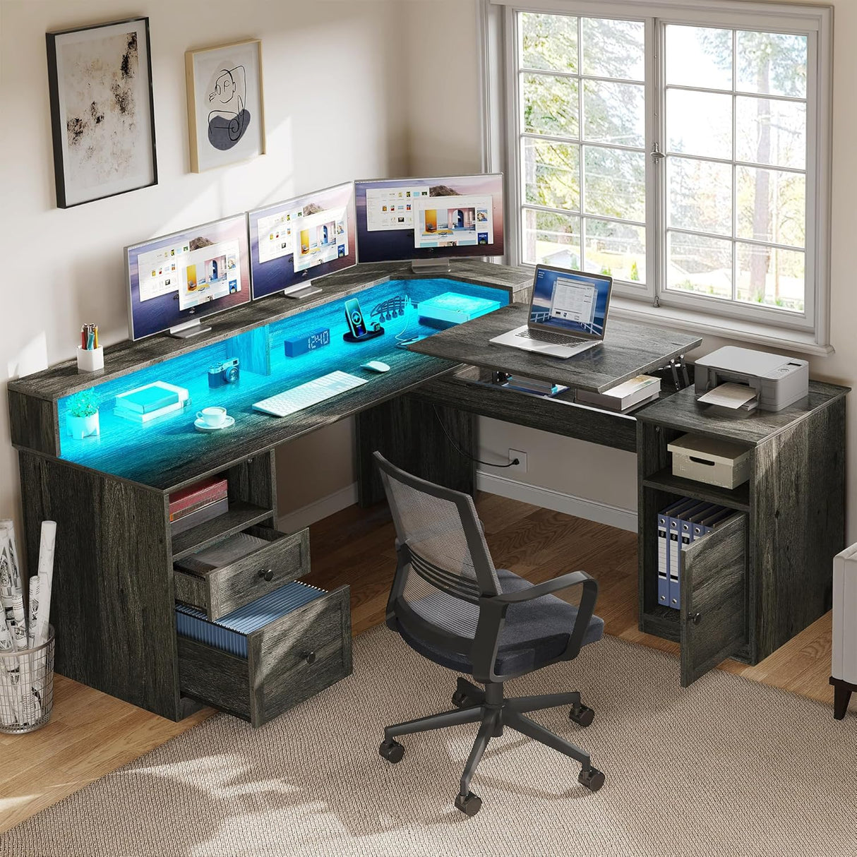 YITAHOME L Shaped Desk with Power Outlets & LED Lights, 60” Corner Computer Desk with Drawers & Lift Top, Home Office Desk with Monitor Stand & File Cabinet, Wood Height Adjustable Desk, Grey YITAHOME