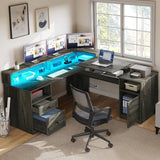 YITAHOME L Shaped Desk with Power Outlets & LED Lights, 60” Corner Computer Desk with Drawers & Lift Top, Home Office Desk with Monitor Stand & File Cabinet, Wood Height Adjustable Desk, Grey YITAHOME