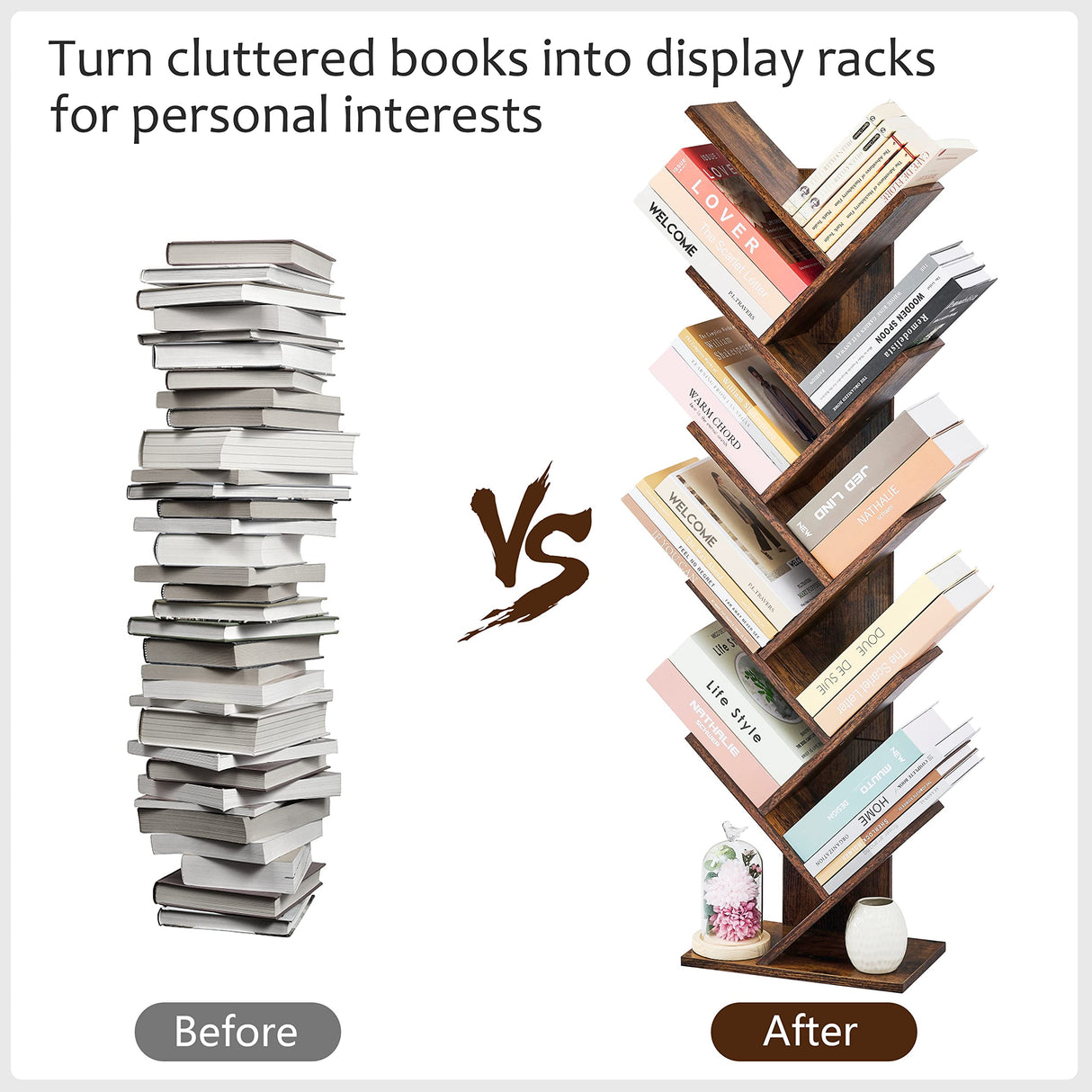 Hoctieon 10 Tier Tree Bookshelf, 10 Shelf Bookcase, Free Standing Tree Bookcase, Display Floor Standing Shelf for Books, Book Organizer Shelves for Home Office, Living Room, Bedroom, Rustic Brown Hoctieon