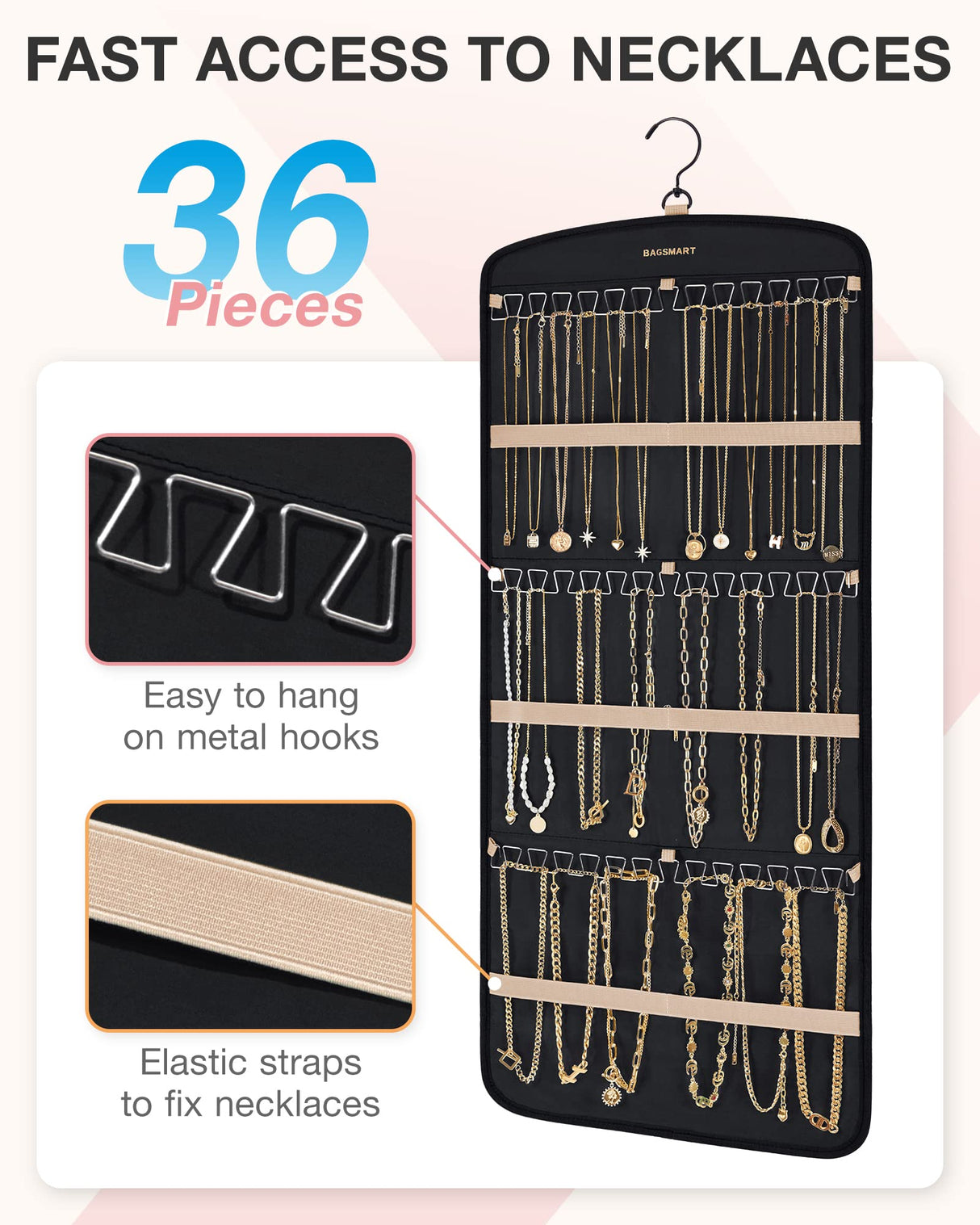 BAGSMART Hanging Jewelry Organizer, Necklace Holder Anti-tangle Earrings Rings Hanger with 20 Jewelry Bags Travel Storage Roll with Pockets Hang on Closet, Wall, Door,1 Piece, Large, Black BAGSMART