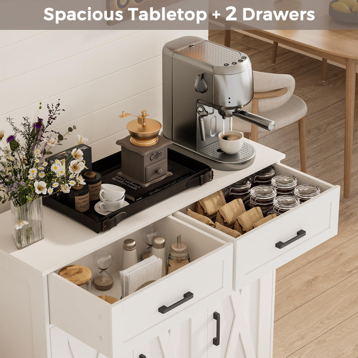 Homhedy Sideboard Buffet Cabinet, Coffee Bar Storage Cabinet with Drawers and Doors, Farmhouse Kitchen Cabinet with Adjustable Shelves, for Kitchen, Dining Room, Living Room, White Homhedy